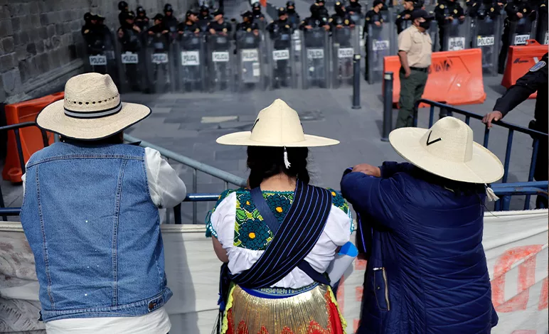 Members of the Purépecha indigenous community of Michoacàn protesting&nbsp;outside of the National Palace of Mexico to denounce the environmental devastation and water scarcity in their communities from avocado and berry farming. 