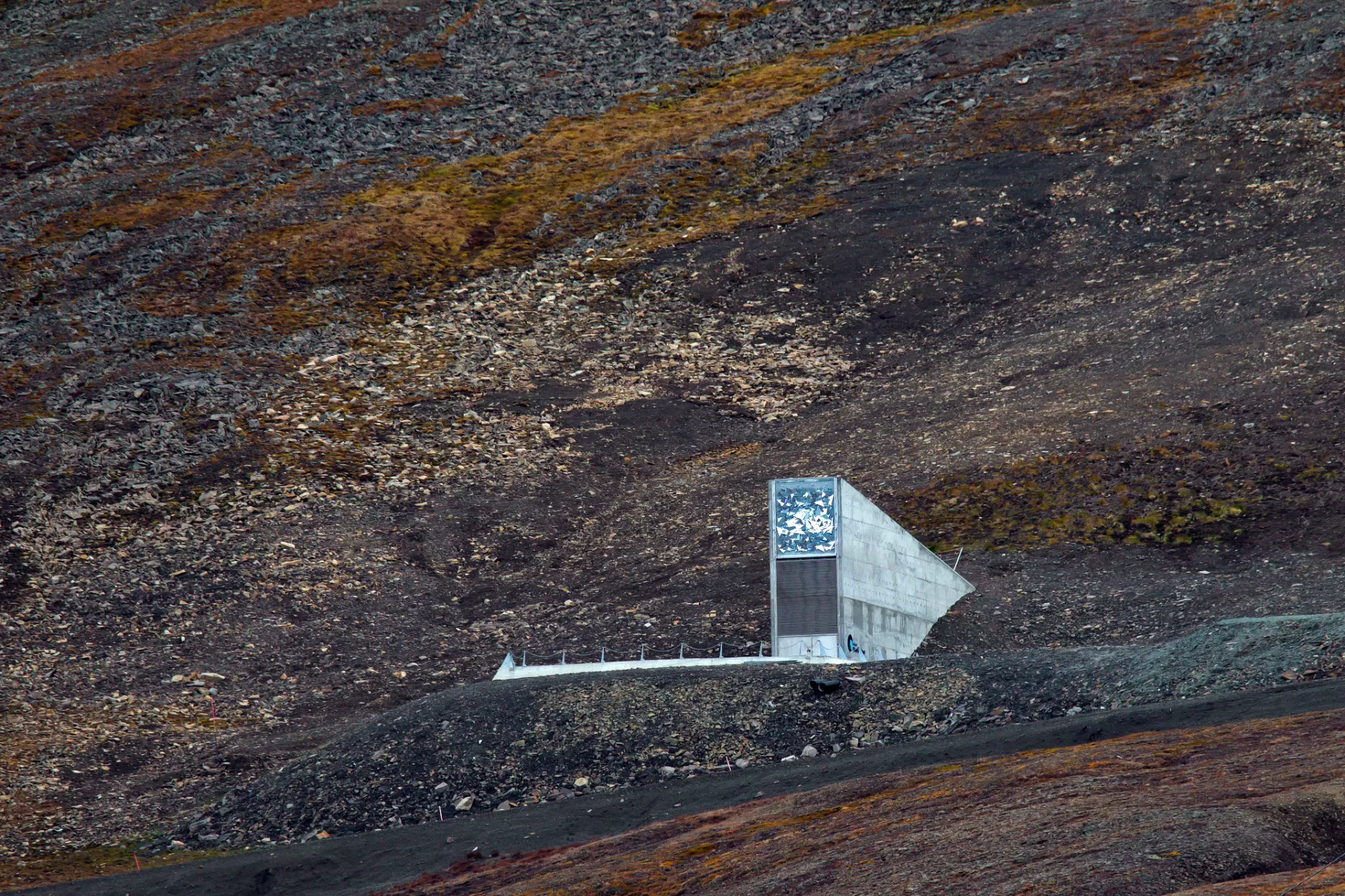 Entrance to the Svalbard Global Seed Vault, largest seed bank in the world near Longyearbyen on the Norwegian island of Spitsbergen. (Photo by: Arterra/Universal Images Group via Getty Images)
