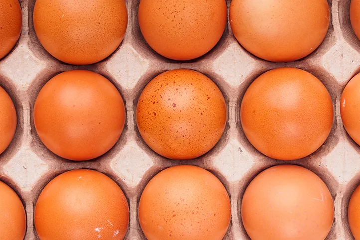 Closeup of brown eggs in an egg carton