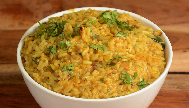 A bowl of Khichiri, a rice and lentil stew often made with ghee